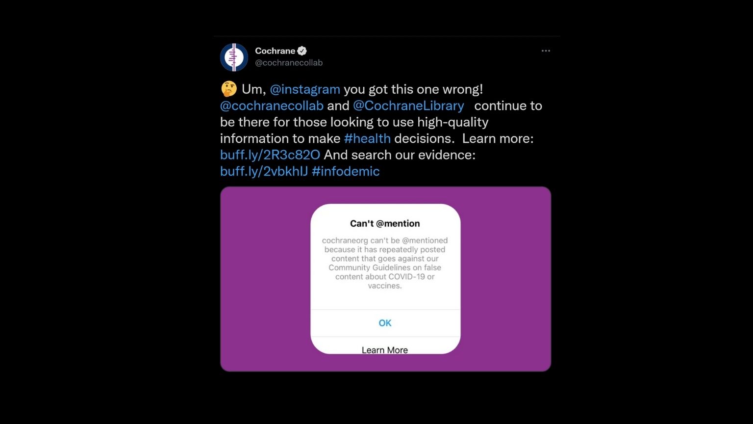 Instagram censors highly regarded Cochrane Collaboration for medical 