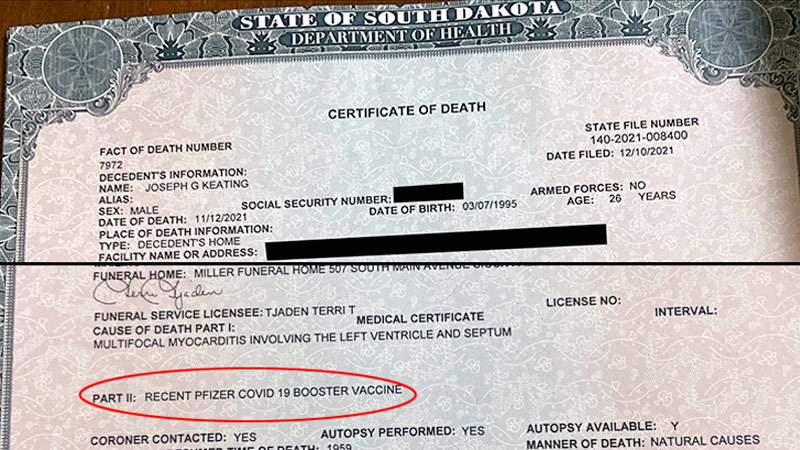 Pfizer Booster Listed As Cause of Death in 26-Year-Old’s Autopsy, Death Certificate After Work-Mandated Jab