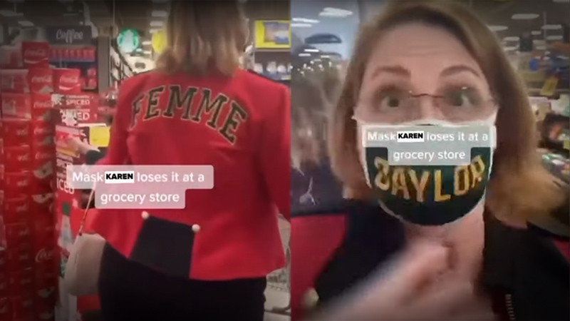 Video: Mentally Ill Mask Freak “Karen” Harasses Unmasked Grocery Store Shopper