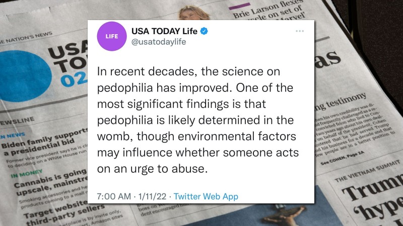 USA Today Hastily Deletes Tweets About “Science” Proving Pedophilia is “Determined in the Womb”
