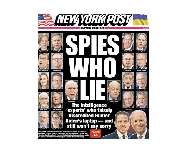 NY Post Calls Out the 51 Former Senior Intelligence Officials including Former CIA Chiefs Who Openly Lied About Hunter Biden's Laptop Being 'Russian Disinformation'