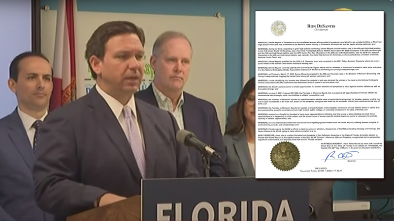 DeSantis Issues Proclamation Rejecting Trans Swimmer Lia Thomas’ Victory, Declares Female Swimmer Emma Weyant Winner