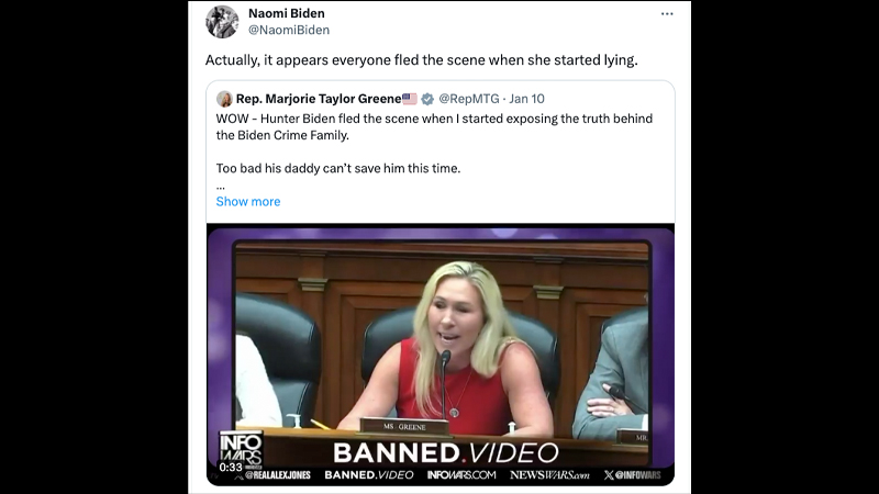 Naomi Biden Boosts Infowars Clip to Bash MTG, Defend Dad Hunter
