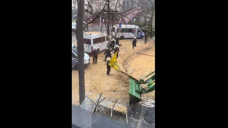 Thousands Of Farmers Surround EU Headquarters, Use Tractors To Remove Police Barricades, Spray Officers With Manure – Watch!