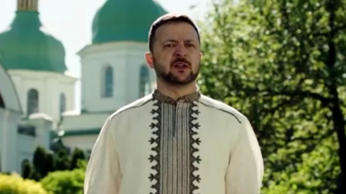 Zelensky sermonises 'God has a chevron with the Ukrainian flag on his shoulder' in Orthodox Easter message - as leader vows his country will never 'kneel' before 'invaders' | Daily Mail Online
